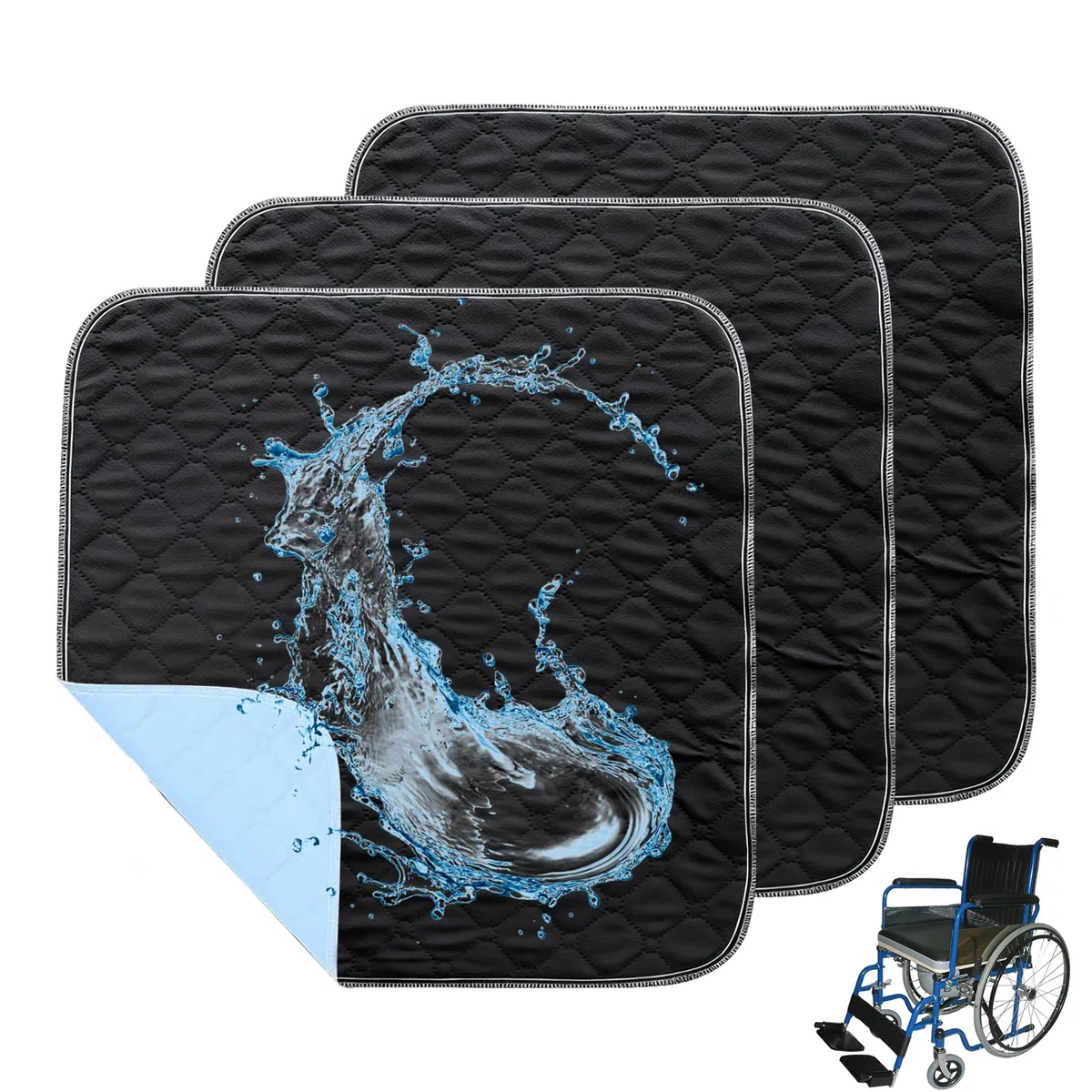Lot de 3 Tapis d'Incontinence Lavables 50x50 cm Coussinets Incontinence Adulte Réutilisables Coussin de Protection Antidérapant pour Fauteuil Roulant, Lit, Canapé et Voiture