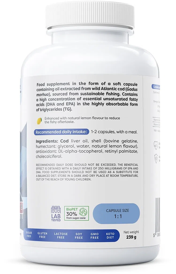 Osavi Norwegian Cod Liver Oil Softgels, 1000mg (Lemon) - 180 softgels