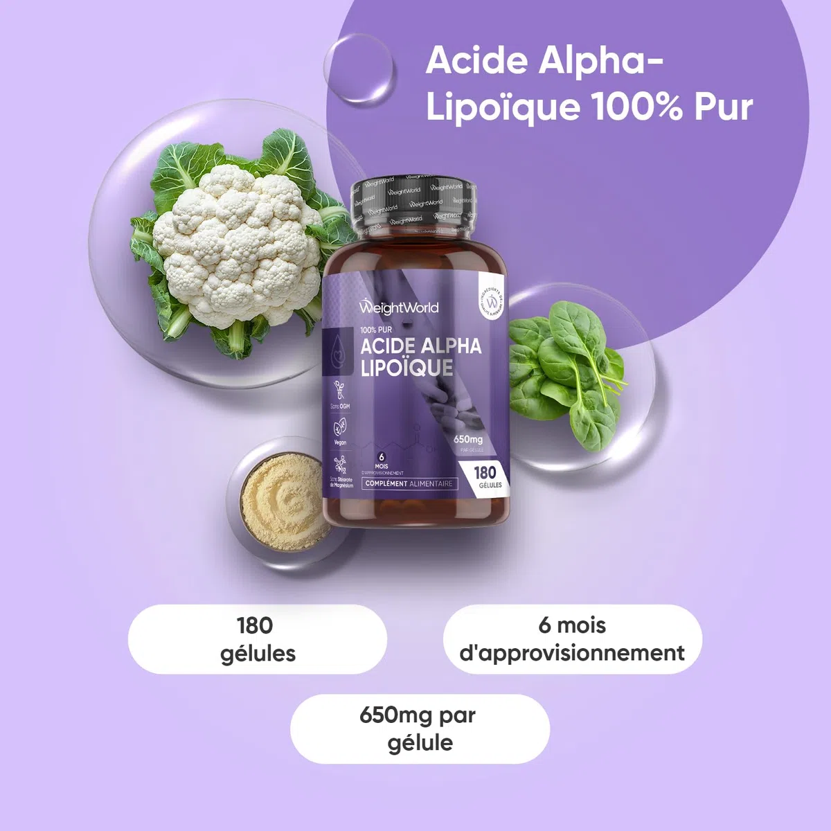 Acide Alpha-Lipoïque Pur ALA 650mg - 180 Gélules Vegan AAL (pour 6 Mois)
