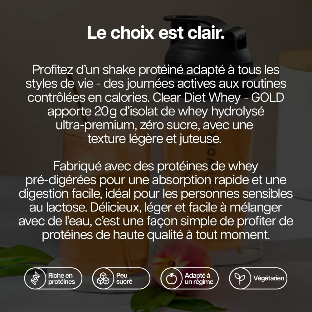 Protein Works – Poudre d'isolat de protéine de lactosérum Clear Diet, thé glacé à la pêche, 20 shakes, boisson rafraîchissante à haute teneur en protéines, 500 g