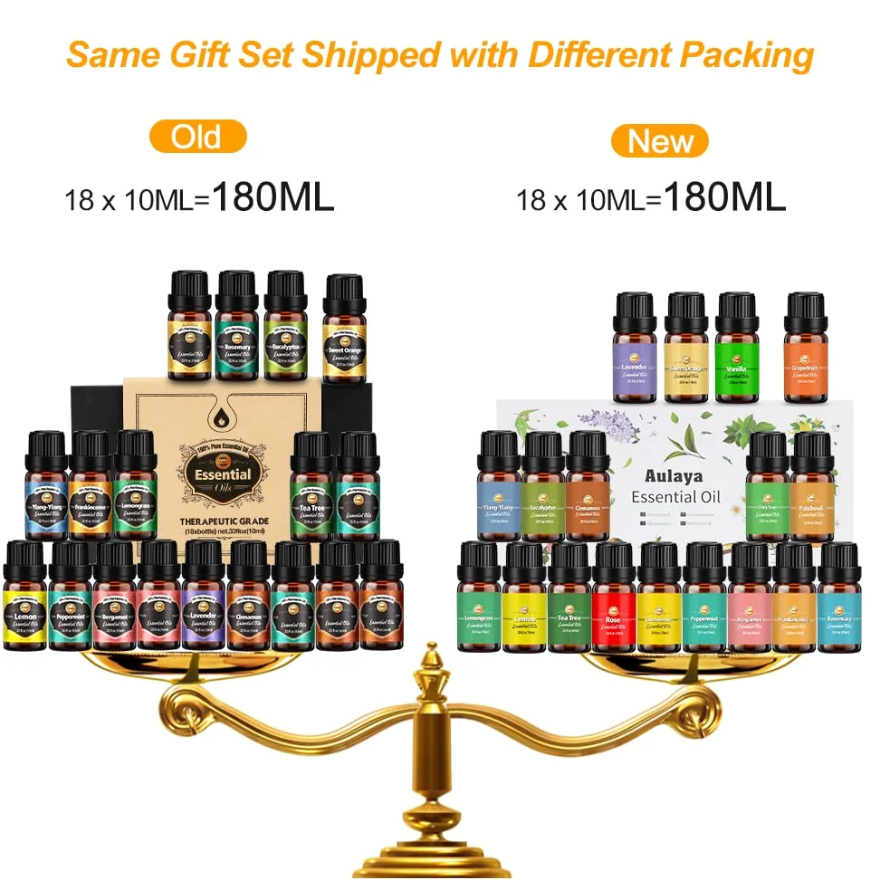 Huiles Essentielles 18 x 10 ml, Pour Diffuseur Arbre à thé Lavande Eucalyptus Encens Citronnelle Romarin Orange Menthe Citron Bergamote Ylang-ylang Camomille Rose Sauge etc.