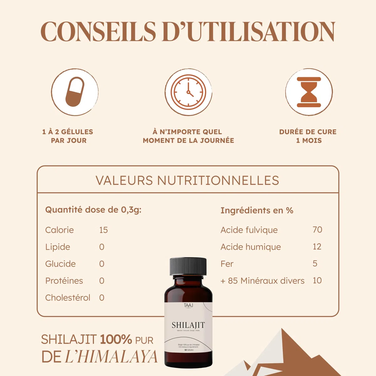 TAAJ | Shilajit en gélules | Pur de l'Himalaya, 100% naturel | 70% d'acides fulviques | + 85 minéraux et oligo-éléments | Antioxydant | Réduit stress & fatigue | Cure de 30 jours | 60 gélules