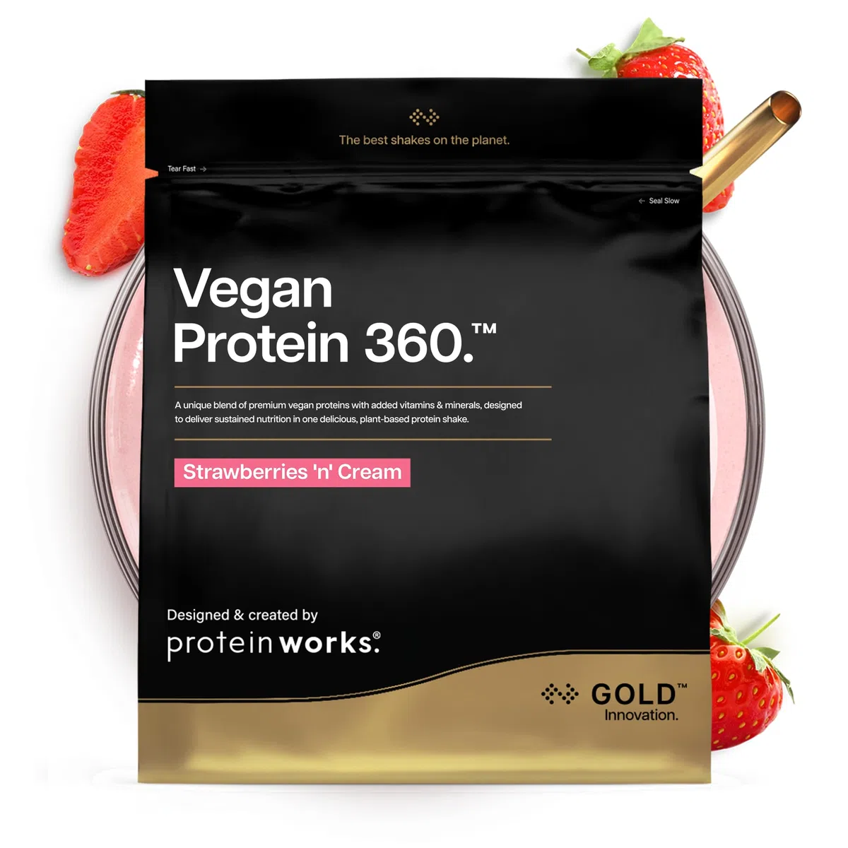 Protein Works | Vegan Protein 360 – GOLD Innovation, Protéine Végane, Mélange Multi-Protéines Premium 100% Végétal, Shake Faible en Gras & Calories, Fraises à la Crème, 66 Portions, 2 kg