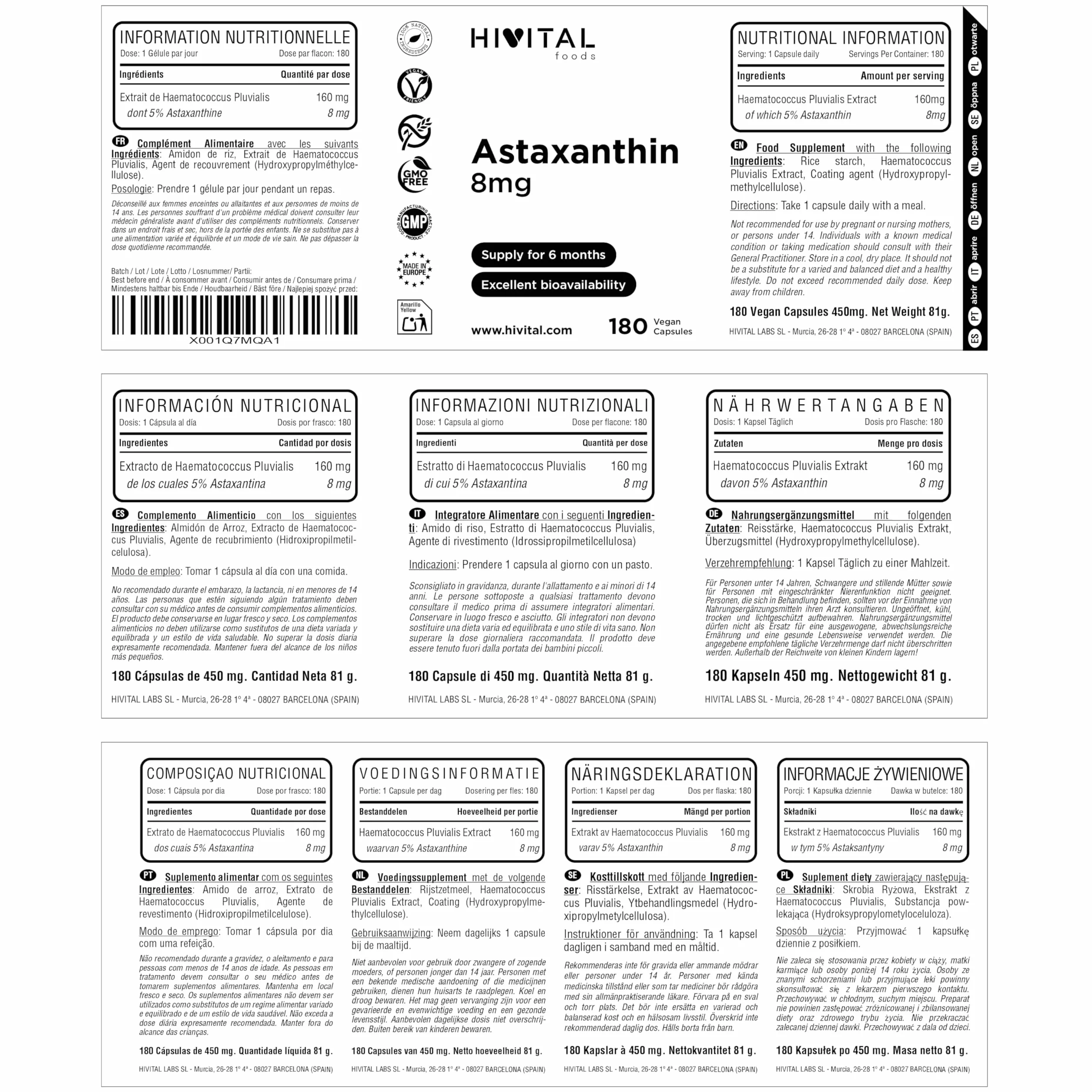 Astaxanthine pure 8 mg. 180 gélules végétaliennes pour 6 mois de traitement. Provenant de 160 mg d'Algues Naturelles Haematococcus Pluvialis à 5% en Astaxanthine. Fabriqué en Europe par HIVITAL