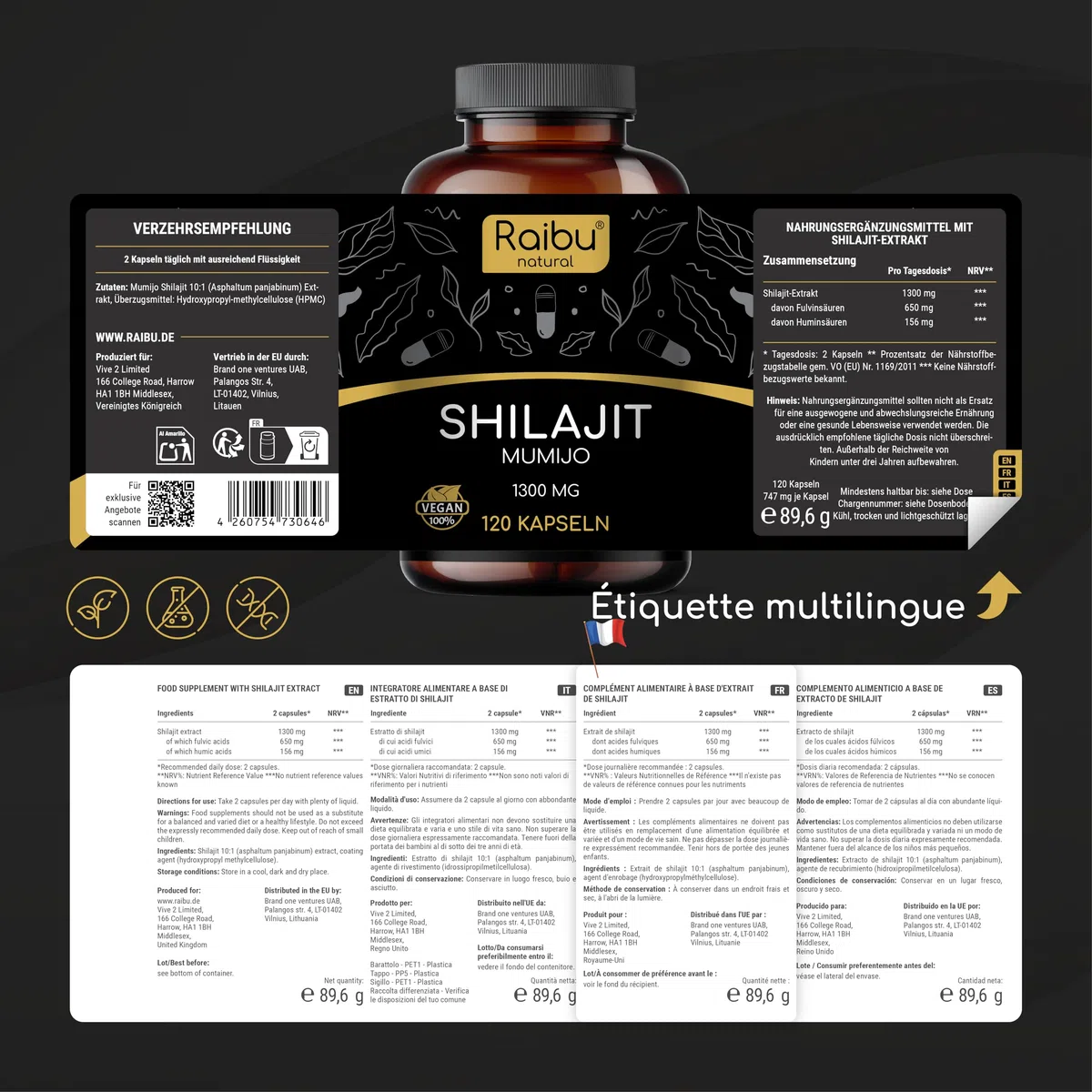 Shilajit Pur de l’Himalaya - 120 Gélules de Shilajit - Haute Concentration en Acide Fulvique et Acides Humiques - 1300 mg par Dose Quotidienne - Mumijo, Testé en Laboratoire, Sans Additifs
