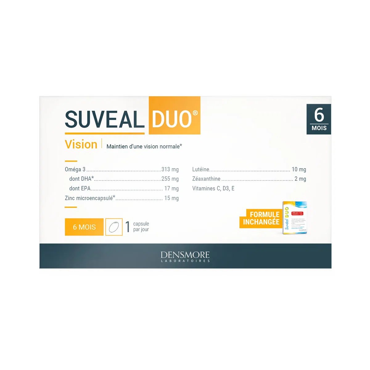 Densmore - SUVEAL Duo - Complément Alimentaire Ophtalmologique à base de DHA (Oméga 3), Lutéine, Zéaxanthine, Vitamines et Zinc - Idéal Vision - 180 Capsules - Cure de 6 mois - Fabriqué en France