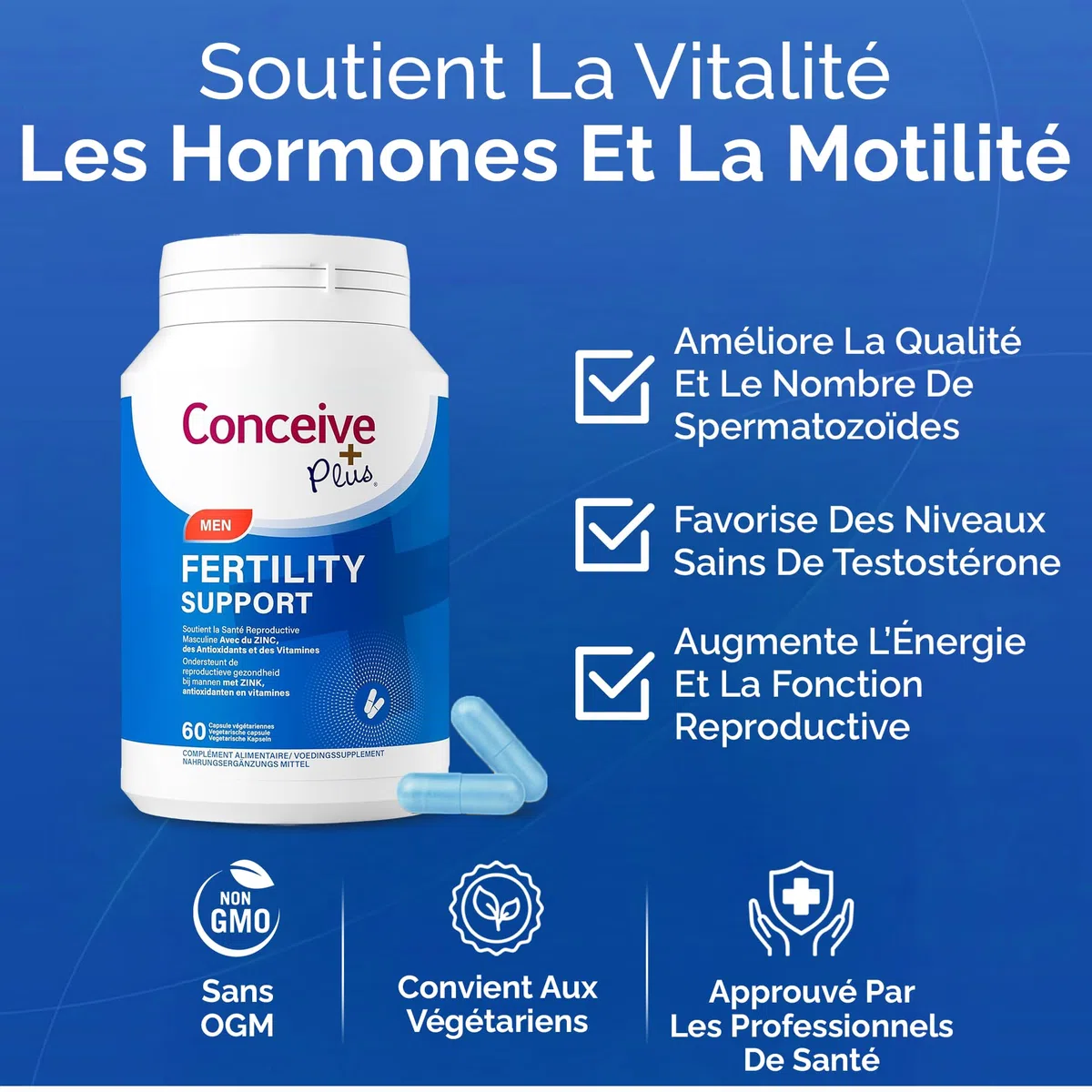 Conceive Plus Vitamines de fertilité pour homme - Stimule la testostérone, augmente la production de sperme - Zinc, folate, racine de Maca, sélénium, pilules - 60 capsules végétariennes