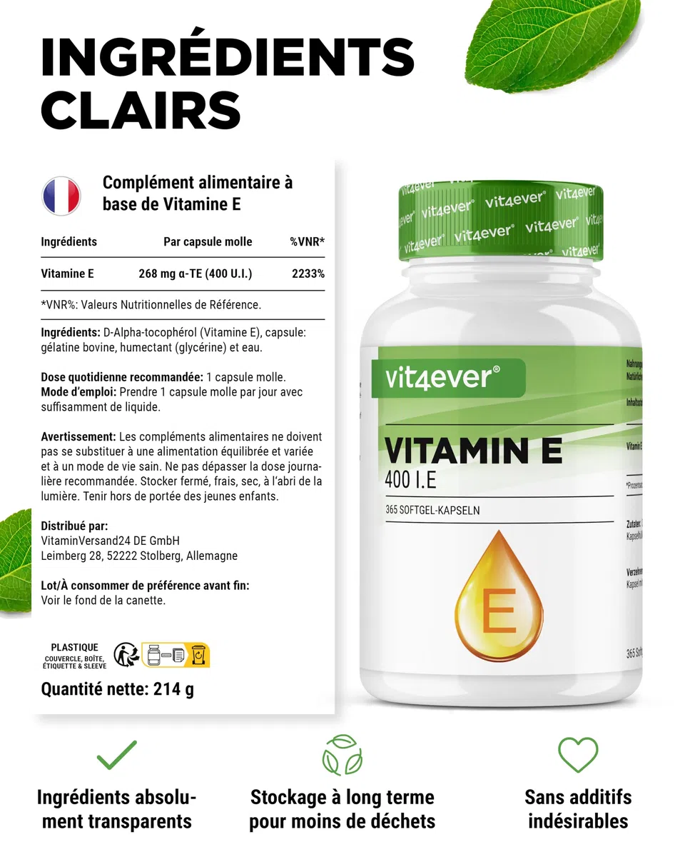 Vitamine E 400 U.I. naturelle - 365 capsules softgel - Premium : vitamine E naturelle de tournesol - 12 mois d'approvisionnement - fortement dosé