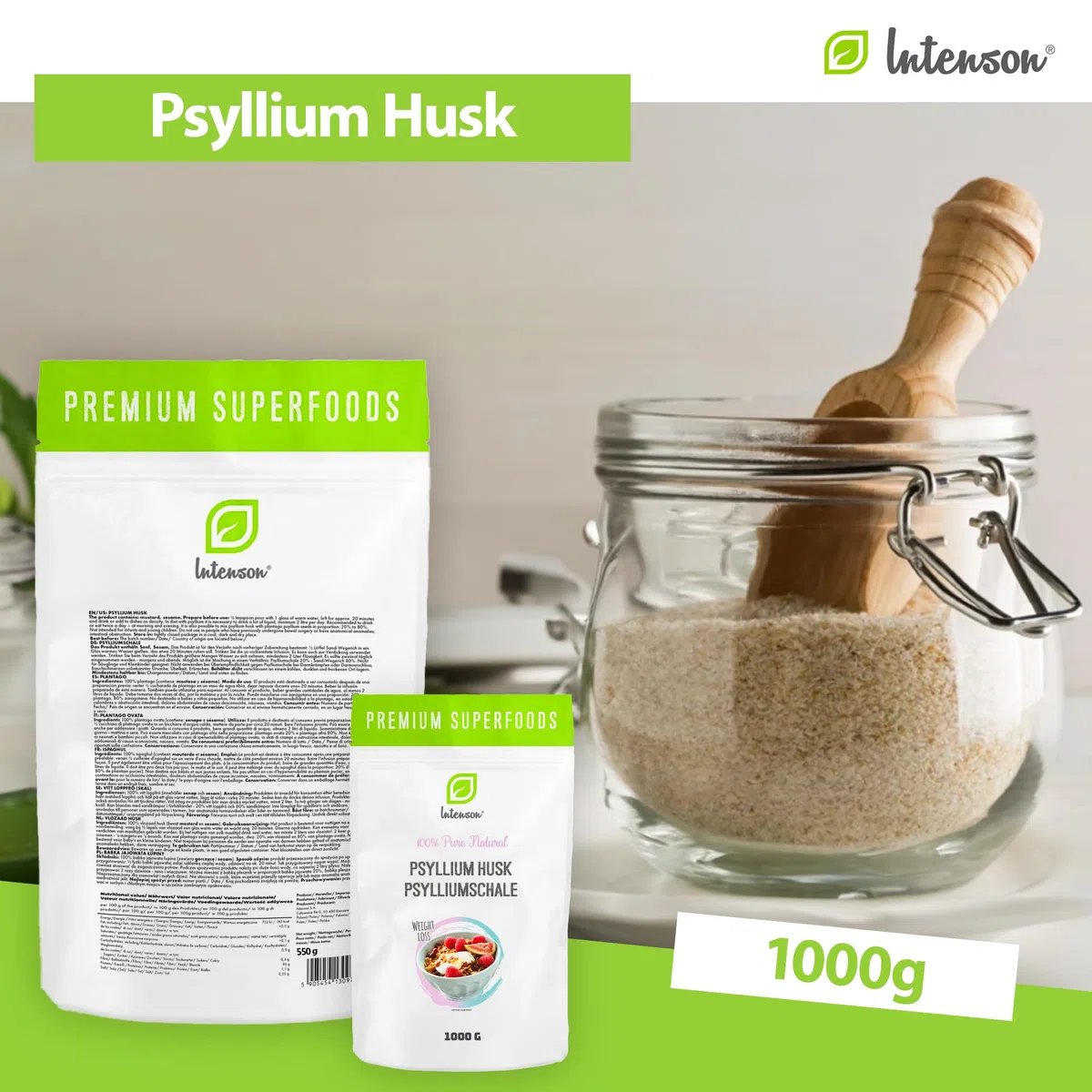INTENSON Psyllium Husk 1 kg, Pure &Natural Psyllium Seeds Husks, High in Fibre, to be mixed with Water, Beverages, & Juices, Vegetarian & Vegan