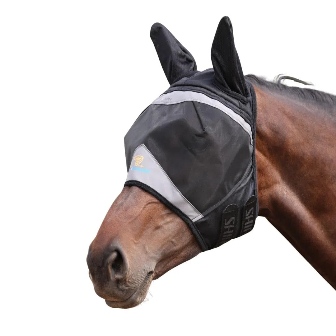 Shires FlyGuard Pro Masque anti-mouches en maille fine avec oreilles – Taille Cob | Maille légère et respirante – Protection contre les mouches et les insectes | Ajustement sûr pour la participation