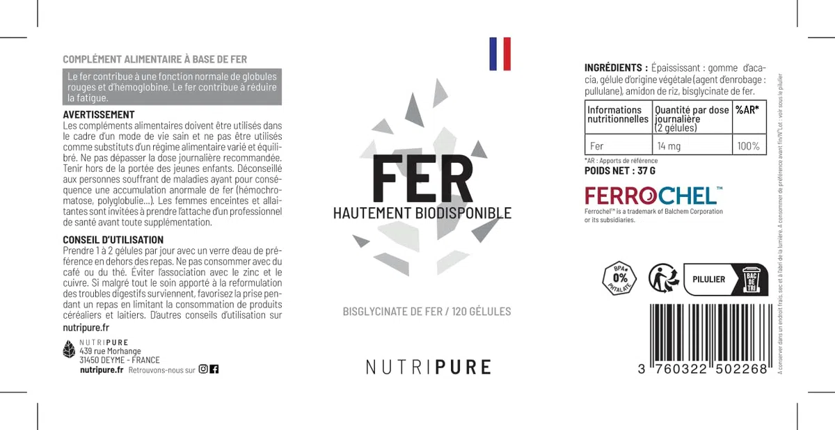 Nutripure | Fer Bisglycinate 14 mg Haute Qualité FERROCHEL® | Haute Absorption | Complément Alimentaire Anti-Fatigue & Renfort du Système Immunitaire | 120 Gélules Végétales | Vegan | Made in France