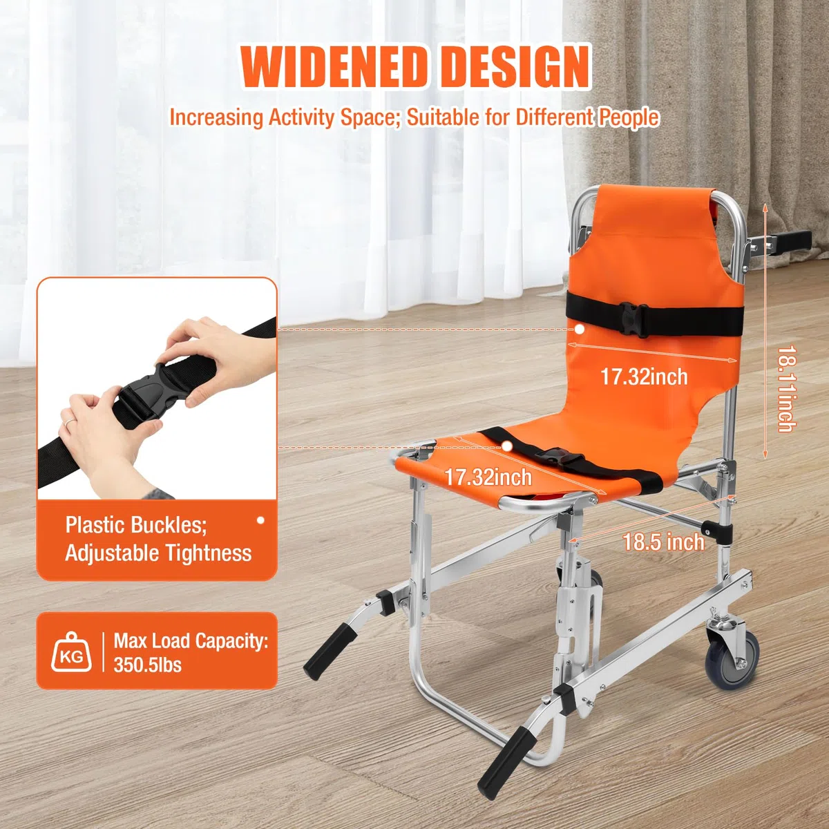 Chaise d'escalier médicale - Capacité de charge : 159 kg - En alliage d'aluminium - Pliable - Avec 2 ceintures de sécurité - Chaise d'évacuation pour le transport des patients - Chariot de sauvetage