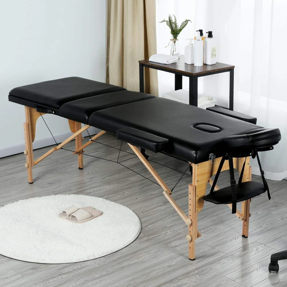 Abician Table de Massage Pliante Réglable en 8 Hauteurs Table de Massage Portable 3 Sections Pieds en Bois Massif Dossier Têtière Repose-Bras Hamac 213 x 82 x 85,5 cm Noir