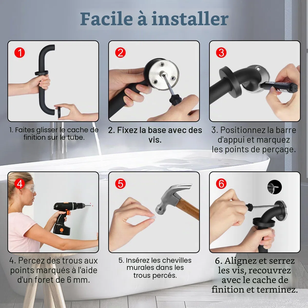 YF Lot de 2 Barres d'appui Salle de Bain, Poignées de Douche Antidérapantes en Acier Inox 201, Barres de douche de 30 cm, Sécurité pour Seniors, Handicapés et Enfants, Couleur, Noire