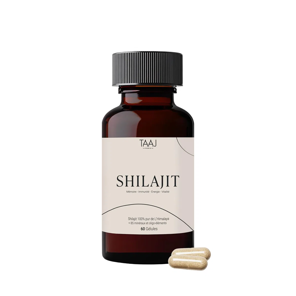 TAAJ | Shilajit en gélules | Pur de l'Himalaya, 100% naturel | 70% d'acides fulviques | + 85 minéraux et oligo-éléments | Antioxydant | Réduit stress & fatigue | Cure de 30 jours | 60 gélules