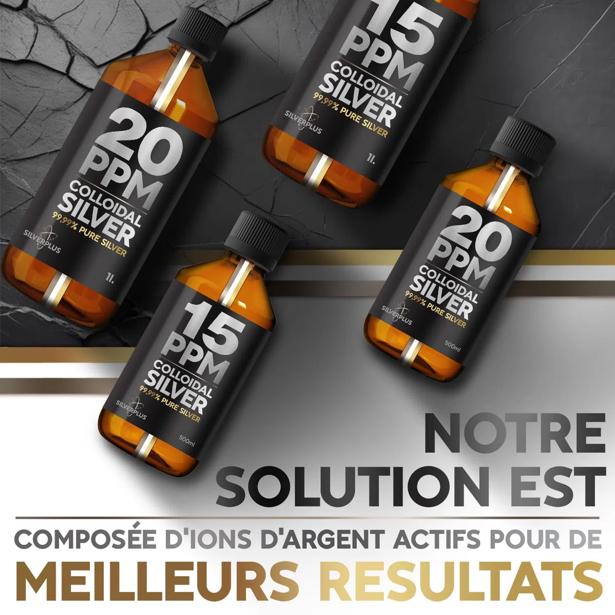 Argent Colloïdal 15ppm ● 1000 ml ● Fabriqué en France ● Argent pur à 99,99% ● Ions d'argent actifs ● Pour toute la famille ● Laboratoire certifié GMP ● Solution 100% Naturelle ● SILVERPLUS