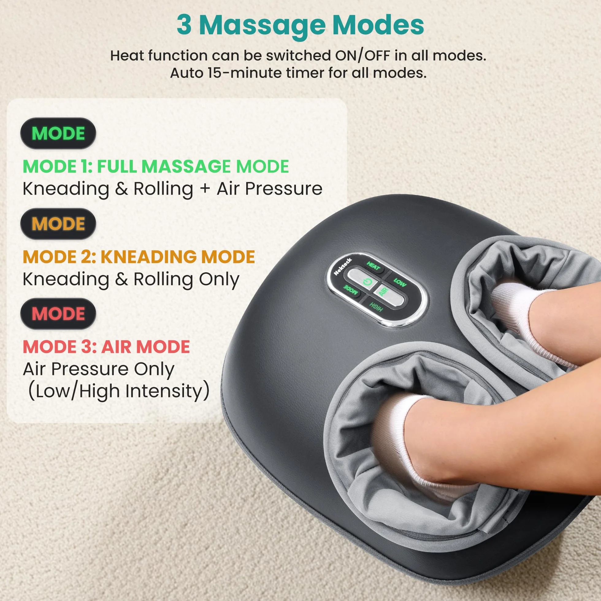 Nekteck Masseur de Pieds avec Chaleur, Appareil de Massage Pieds Shiatsu à Pétrissage Profond avec Rouleaux et Compression d’Air Réglables, Soulage La Fatigue, Cadeau Maman, Papa, Jusqu'à la Taille 48