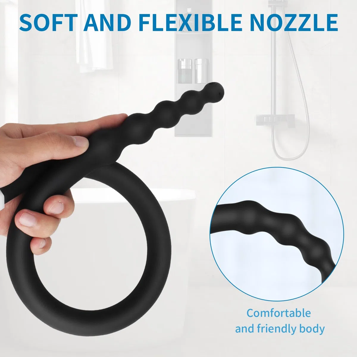 Set de Douche 4 Trous Pulvérisateur Lavement Tuyau Confort Silicone Buse Lavement Accessoire Femme Homme 58cm + 150cm Tuyau (Noir)