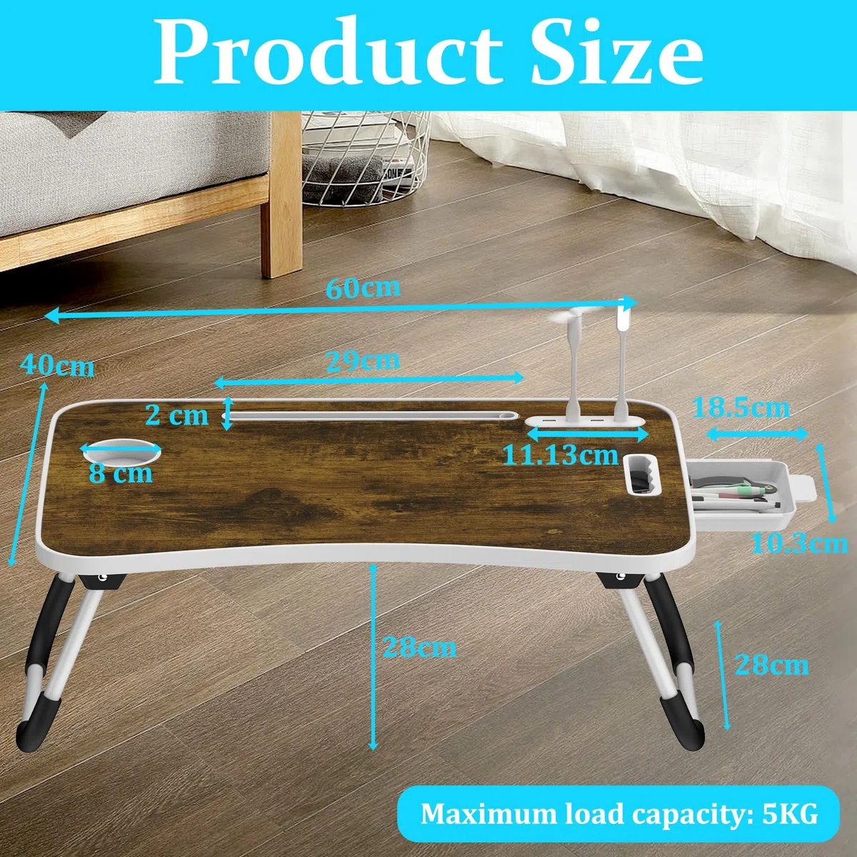Soontrans Plateau de Lit 60x40x28 cm, Table de lit, Pliable, Support Ordinateur Portable Lit avec Tablette Support, Tiroir, Porte Gobelet, Poignée, pour Lit, Canapé, Sol, étude, Travail (Brun Foncé)