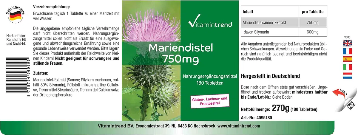 Vitamintrend Extrait de chardon-marie 750 mg, 180 comprimés, hautement dosé, complément alimentaire végan sans stéarate de magnésium, fabriqué en Allemagne