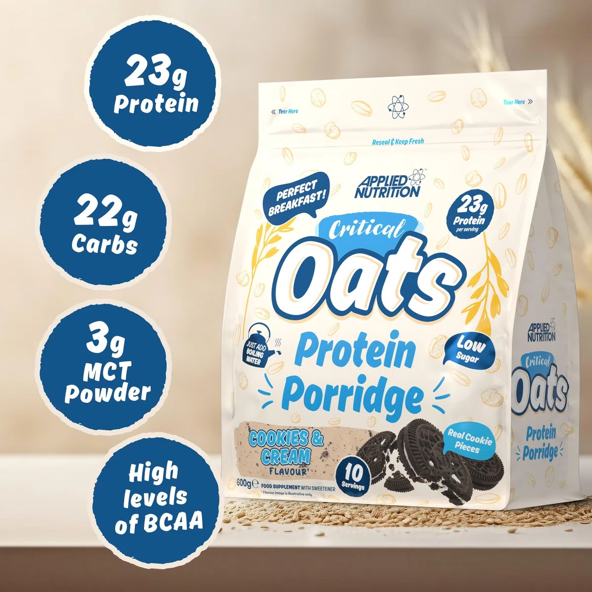 Applied Nutrition Critical Oats Porridge Protéiné, Protéine de Whey, Protéines de Lactosérum en Poudre avec Avoine Complète, Isolat de Protéines ISO-XP, Acides Aminés (600g, Cookie & Cream)
