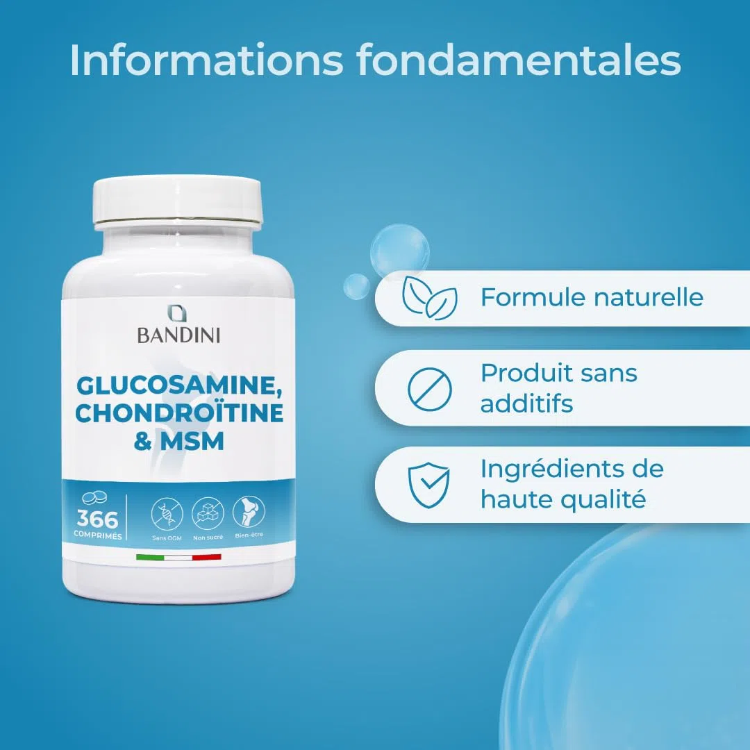 Bandini® Glucosamine Chondroïtine MSM + Vitamine C | 366 comprimés - 6 mois | Réduit inflammations des articulations, renforce le cartilage | 600mg de glucosamine, 100mg de chondroitine & MSM par dose