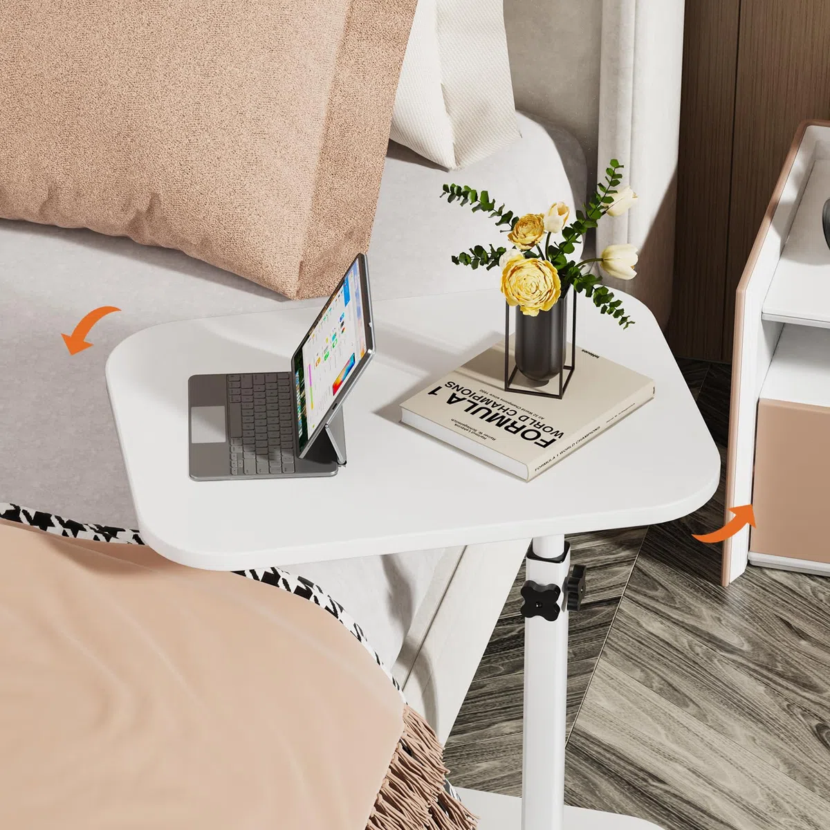 LANTUS Table de lit Mobile, Table d'appoint,Support PC pour Salon Bureau Chambre, Freins pour Stabilisation, Réglage Facile, 40 x 30 x 80 cm - Forme en C - Blanc