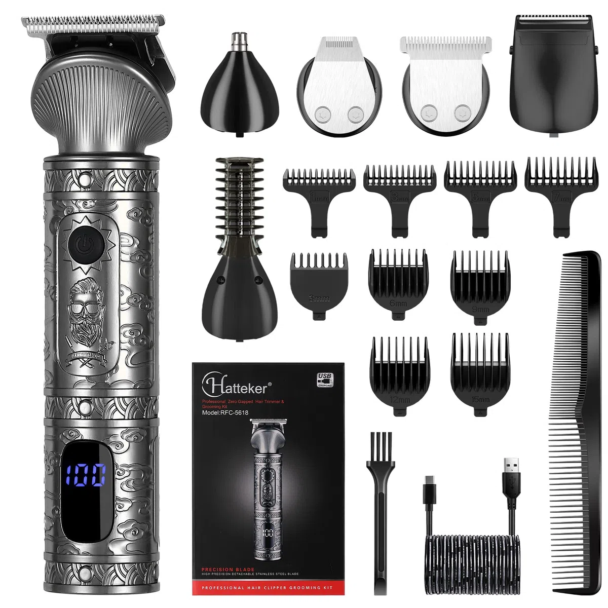 Hatteker Tondeuse Barbe,Cheveux Professionnelle pour Homme Avec Lame en T Rasoir Kit de Coupe de Cheveux Chauve 0 mm Tondeuse Corps Tondeuse de Précision Tondeuse Nez 6 en 1