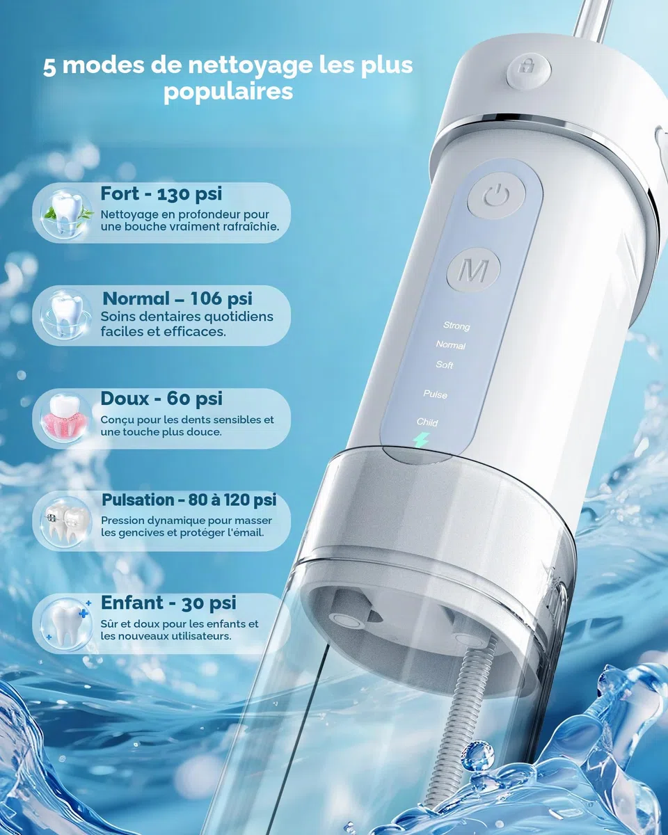Mini Jet Dentaire Hydropulseur Portable, 5 Modes, Réservoir 180ml, IPX7 Étanche, Jet Dentaire de Voyage, Mini Water Flosser pour Maison et Déplacements, Blanc