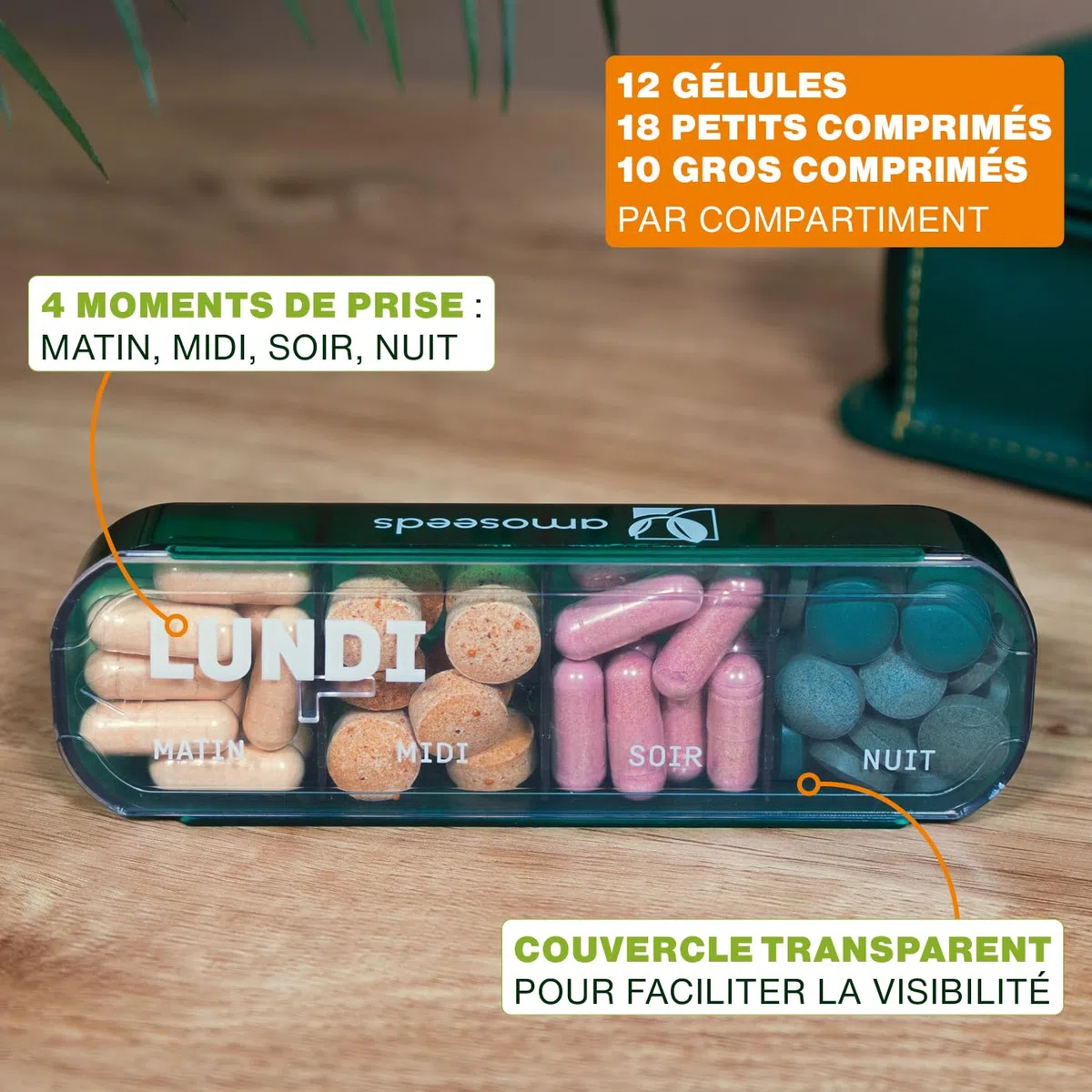 Pilulier Semainier Français | 4 prises par jour : matin, midi, soir, nuit | 28 Compartiments | Sans BPA | Housse similicuir | Qualité Supérieure