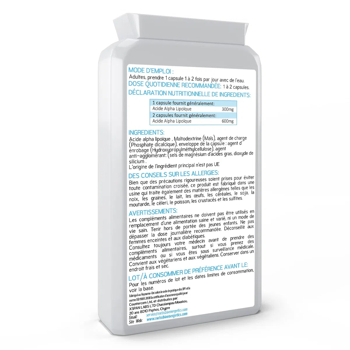 Acide alpha lipoïque 300 mg 120 comprimés - ALA double (à la fois R-ALA et S-ALA) - Fabriqué au Royaume-Uni