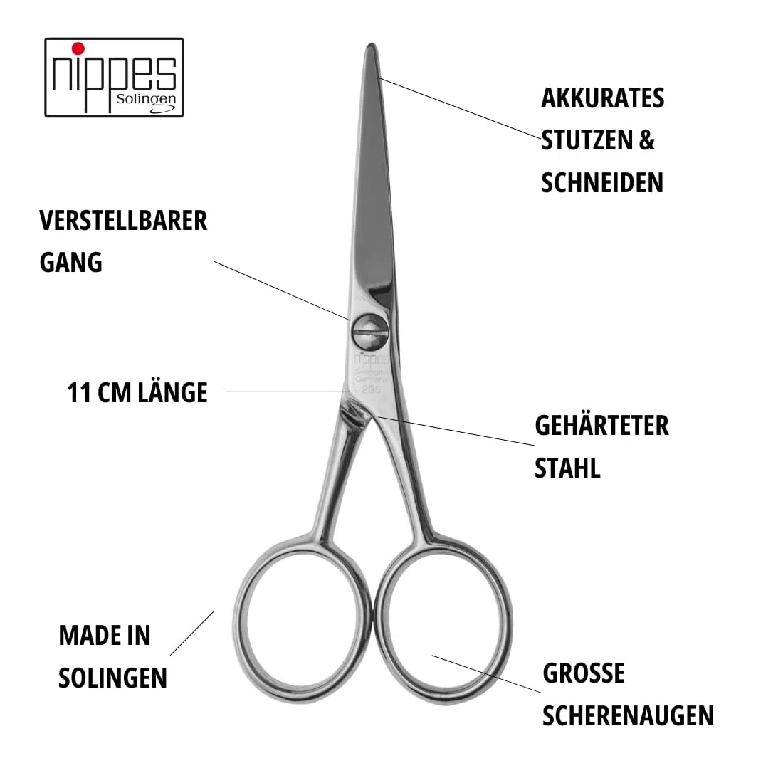 nippes Solingen Ciseaux à barbe en acier nickelé - Longueur : 11 cm - Pour homme - Fabriqué en Allemagne
