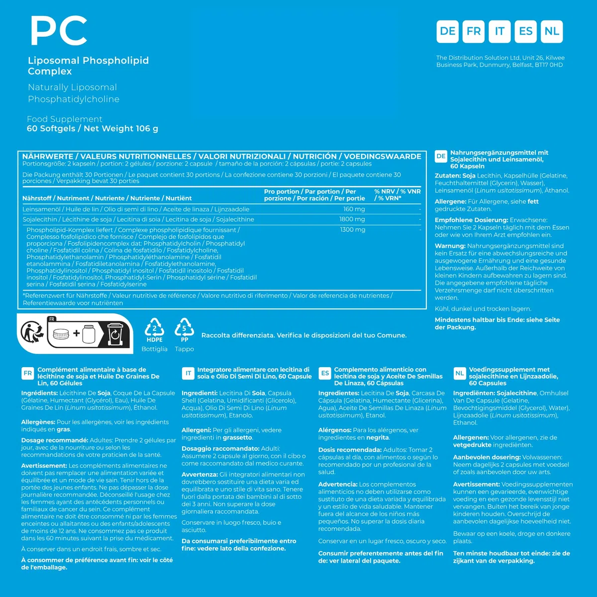 BodyBio PC - Complexe de Phospholipides avec Phosphatidylserine - Clarté Mentale, Memoire et Concentration - Complement Alimentaire Cerveau et Détox Douce - 60 Gélules