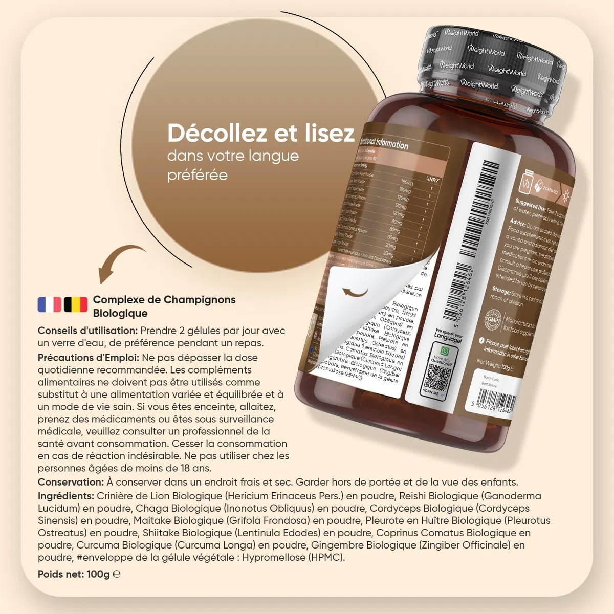 Complexe 8 Champignons Bio 180 Gélules Vegan Certifié AB - Reishi, Lions Mane, Cordyceps, Chaga, Shiitake, Maitake, Huître, Coprin, Champignons Gélules Enrichi en Curcuma et Gingembre pour 3 Mois