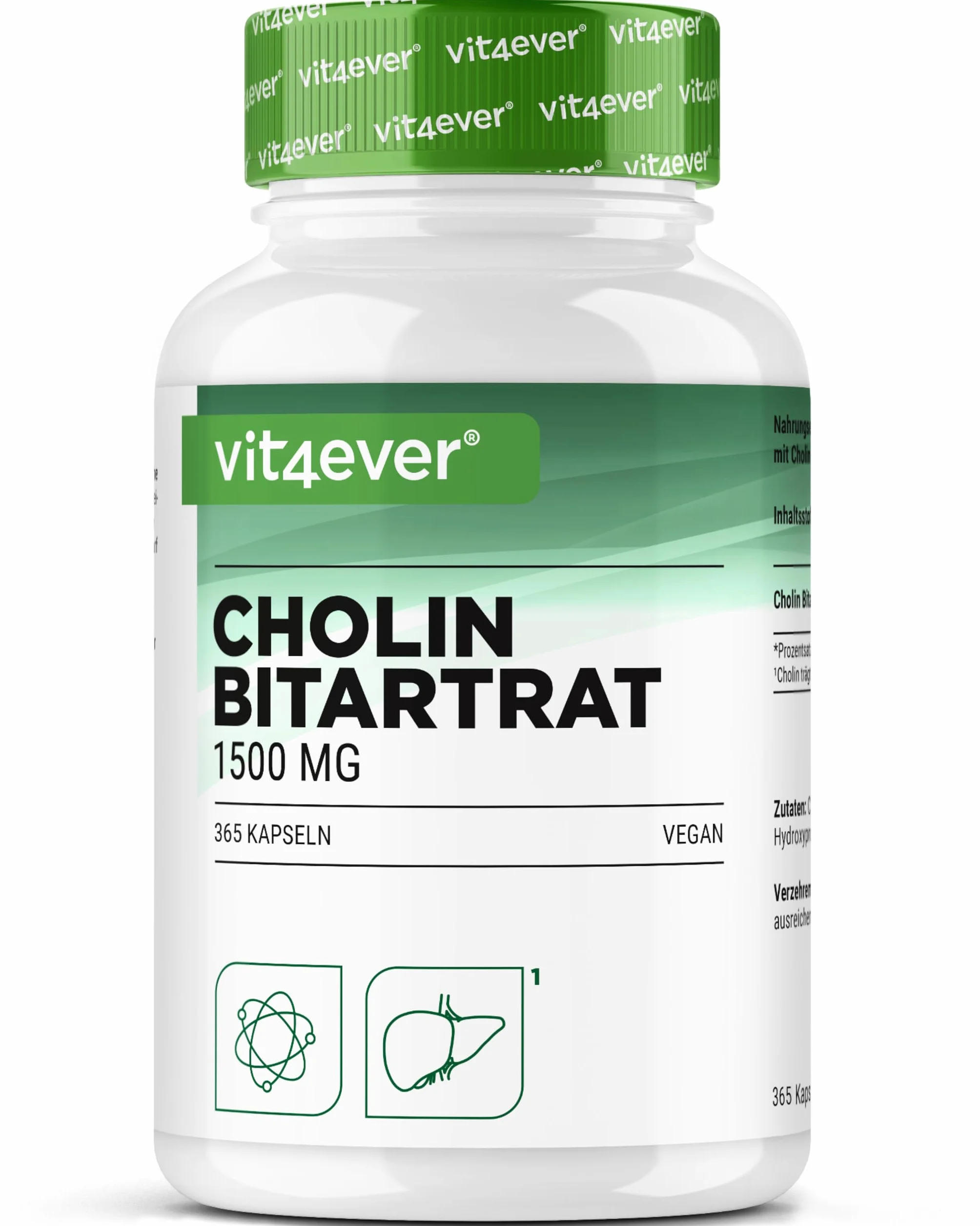Gélules de Choline – 365 Gélules avec 1500 mg de Bitartrate de Choline par Dose Quotidienne – plus de 6 Mois de Réserve – Foie, Homocystéine & Métabolisme des Graisses – Naturel, Fortement Dosé, Véga