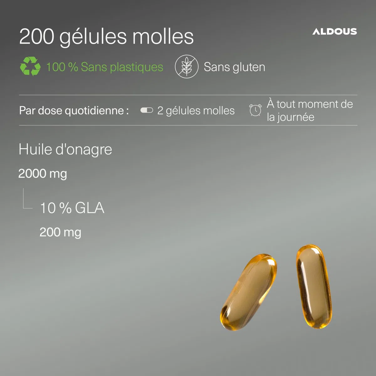 Huile d'onagre Perles 2000 mg avec 10% de GLA 200 mg - 200 gélules molles - Symptômes menstruels Régulateur hormonal féminin - Bien-être et fertilité de la femme - Oméga 6 - Aldous