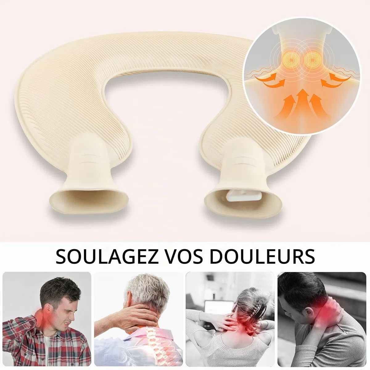 Bouillotte en forme de U en caoutchouc naturel de qualité supérieure avec housse en polaire amovible et lavable pour femmes et enfants 2 L