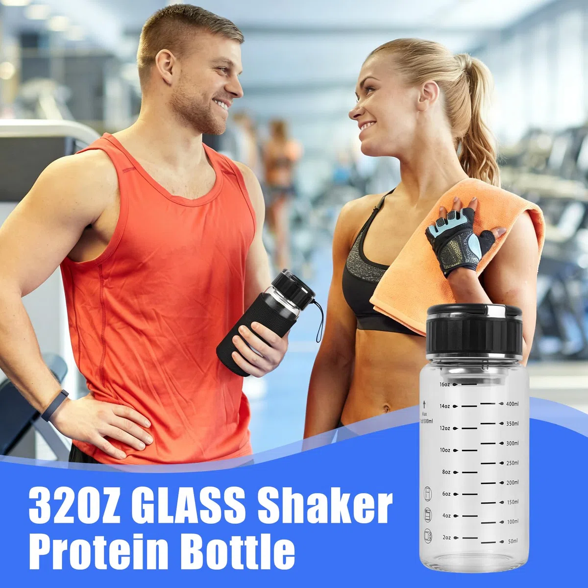 Protein Shaker Verre 500ml Avec Couvercle Et Poignée, Large Ouverture Nutrition Sportive Shaker Doté De Graduation, Pour Mélange Protéiné, Smoothies, Thé Glacé, L