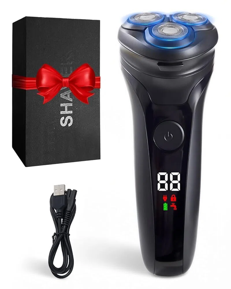 Rasoir Électrique Homme avec Écran LCD, Rasoir Électrique Sans Fil Rechargeable, IPX5 Étanche pour Rasage Sec et Humide, 3 Têtes Rotatives Double Piste, Tondeuse Pop-Up Intégrée, Peau Sensible(Noir)