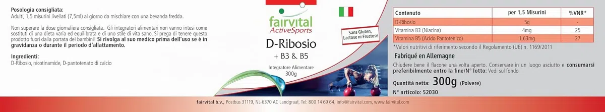 fairvital D-ribose en poudre, avec vitamine B3 (niacine) et B5 (acide pantothénique), Active Sports, VÉGÉTALIEN, 300 g