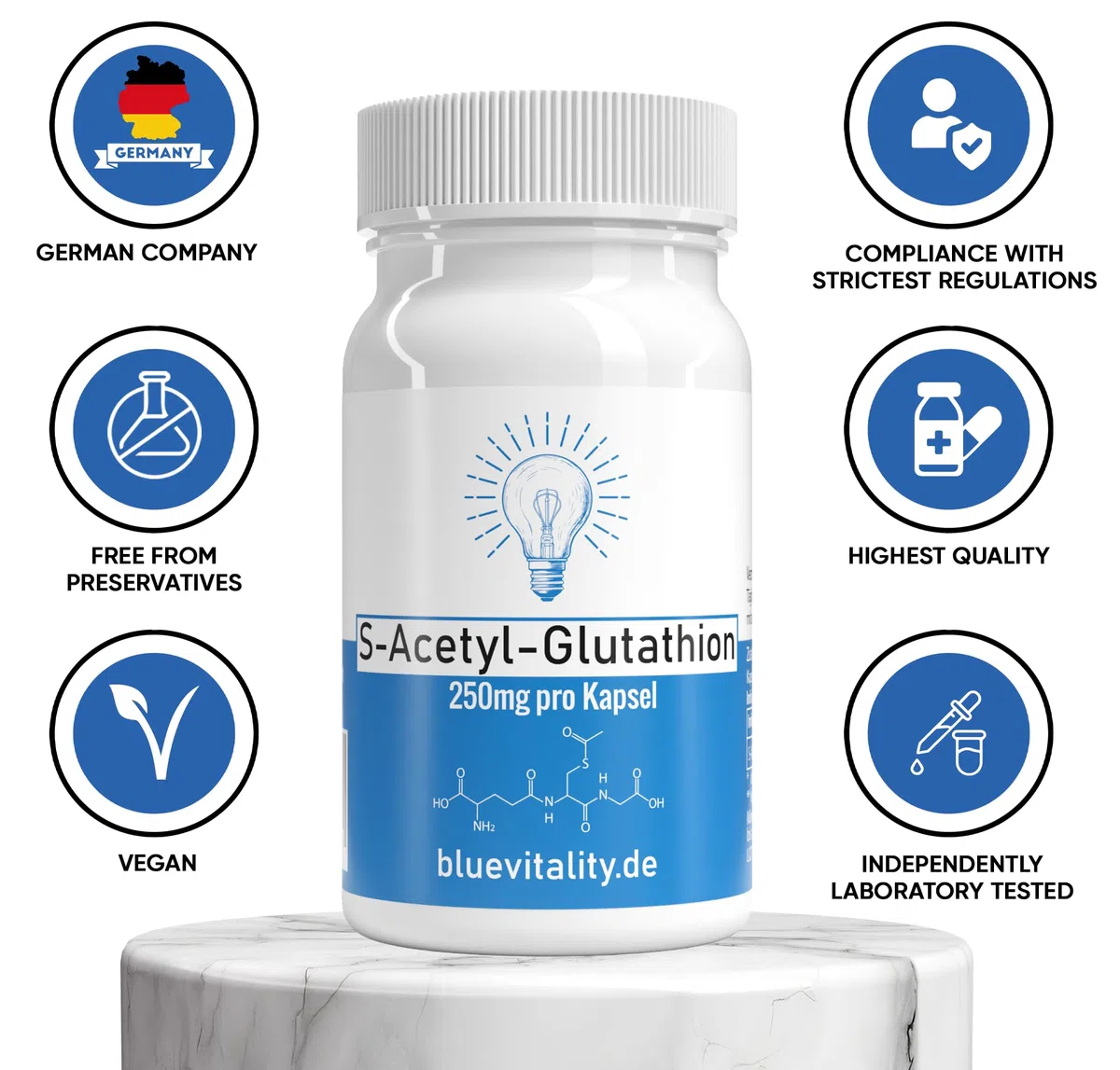 S-Acétyl Glutathion | 250 mg par gélule | 60 gélules | hautement dosé & stabilisé | Haute biodisponibilité | végan & testé en laboratoire