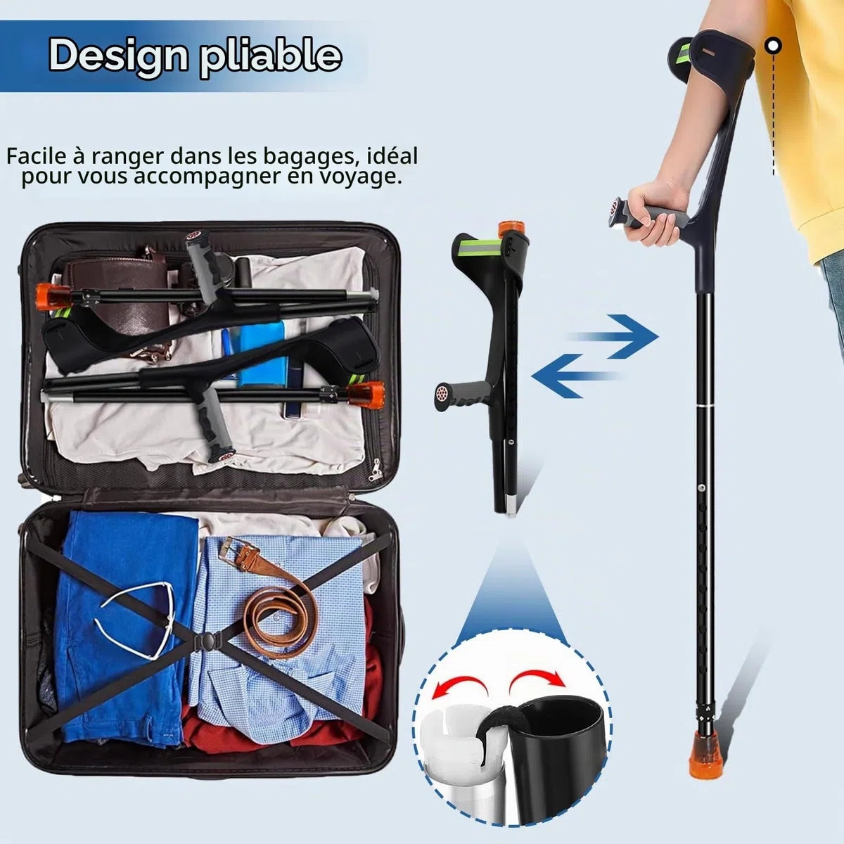 Lot de 2 béquilles pliantes pour adultes, béquilles légères pour adultes, femmes, hommes, personnes âgées, hauteur réglable avec poignée confortable, béquilles noires pour aides à la marche