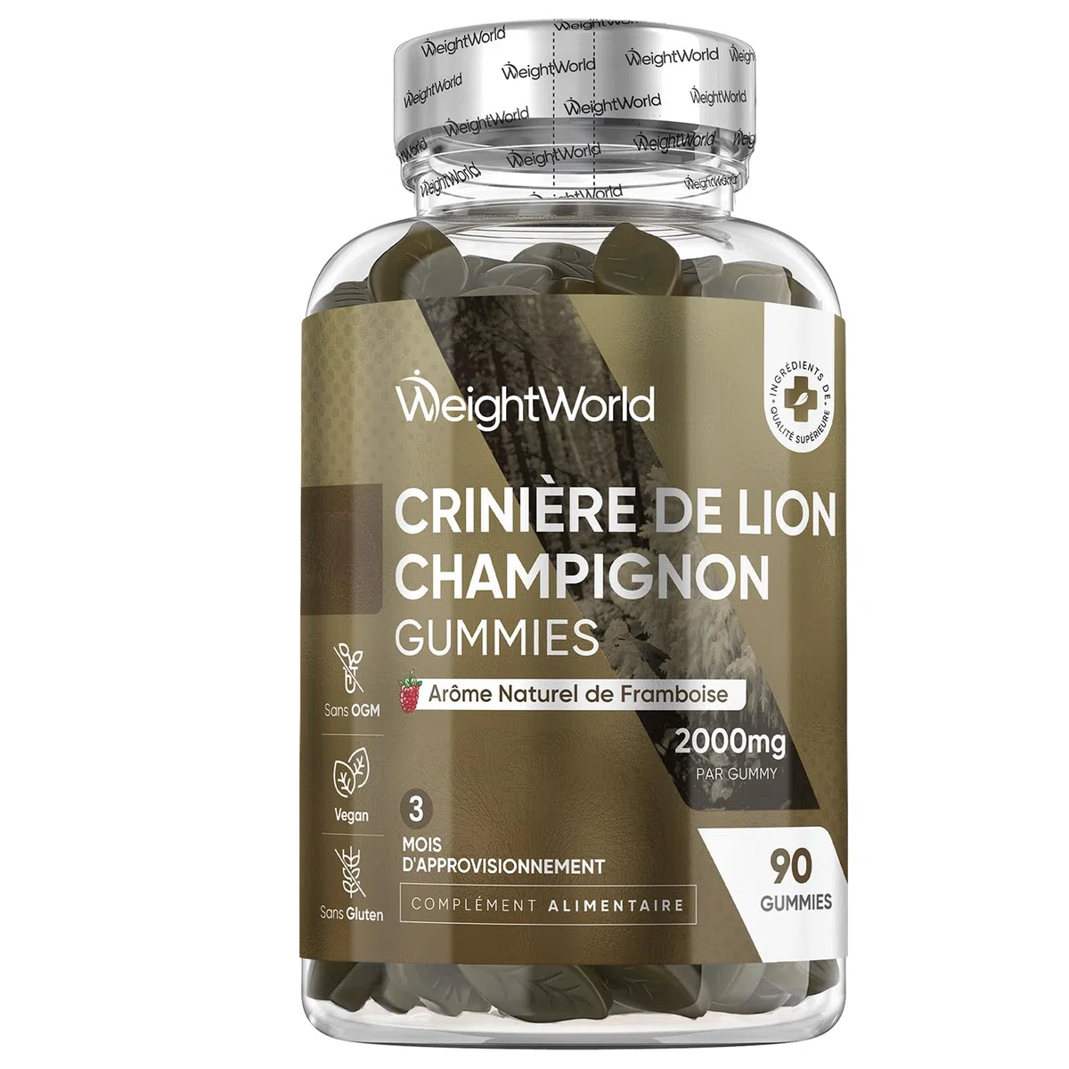 Lions Mane Champignon Gummies, 90 Gummies Vegan à l'Arôme Naturel de Framboise pour 3 Mois d'Approvisionnement, Extrait de poudre d'Hericium Erinaceus 10:1 Champignon Crinière de Lion