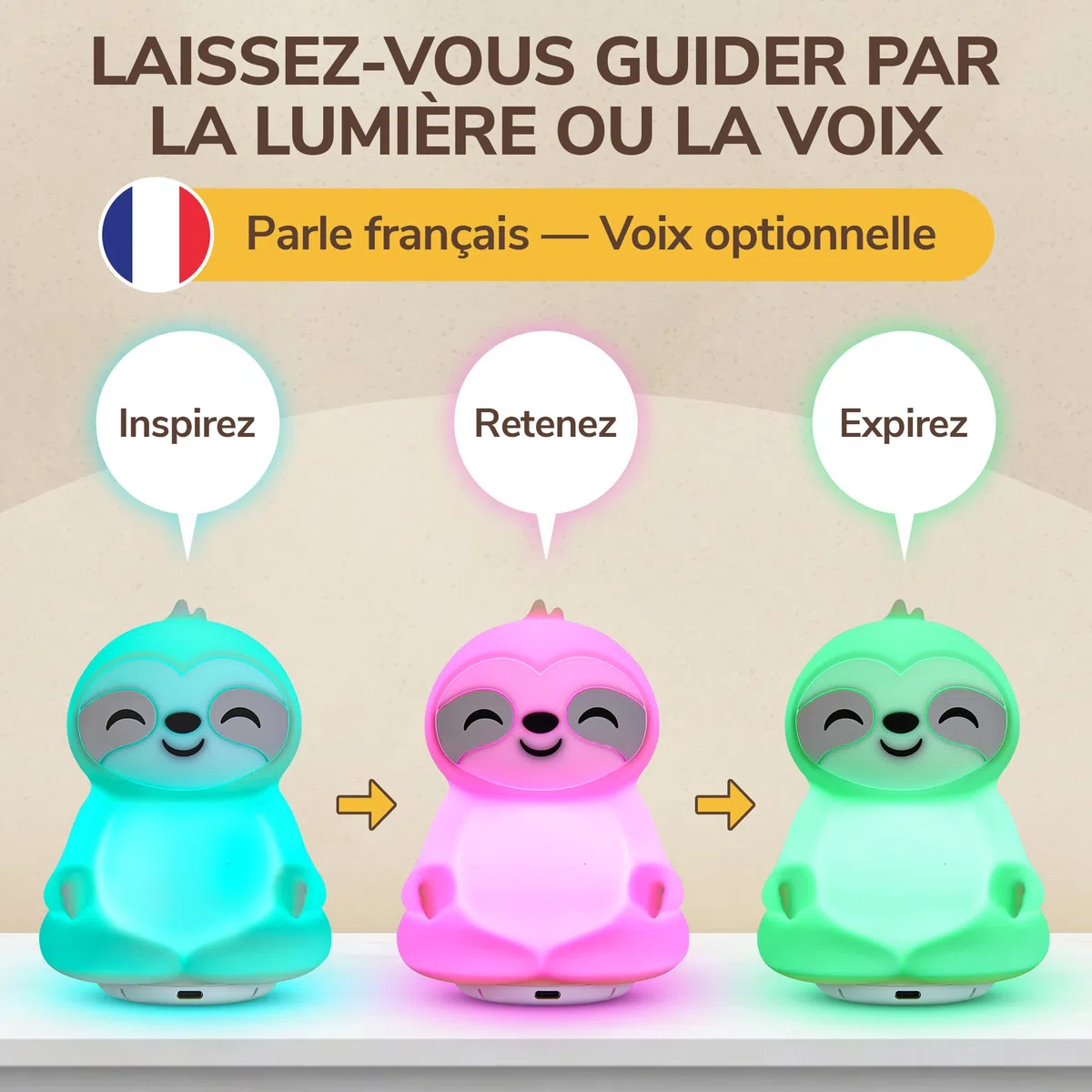 Coach de Respiration Avec Guidage Lumière et Voix – Favorise Sommeil, Relaxation, Concentration et Bien-Être – Respiration Consciente, Pleine Conscience – Instructions Audio Français – Rechargeable