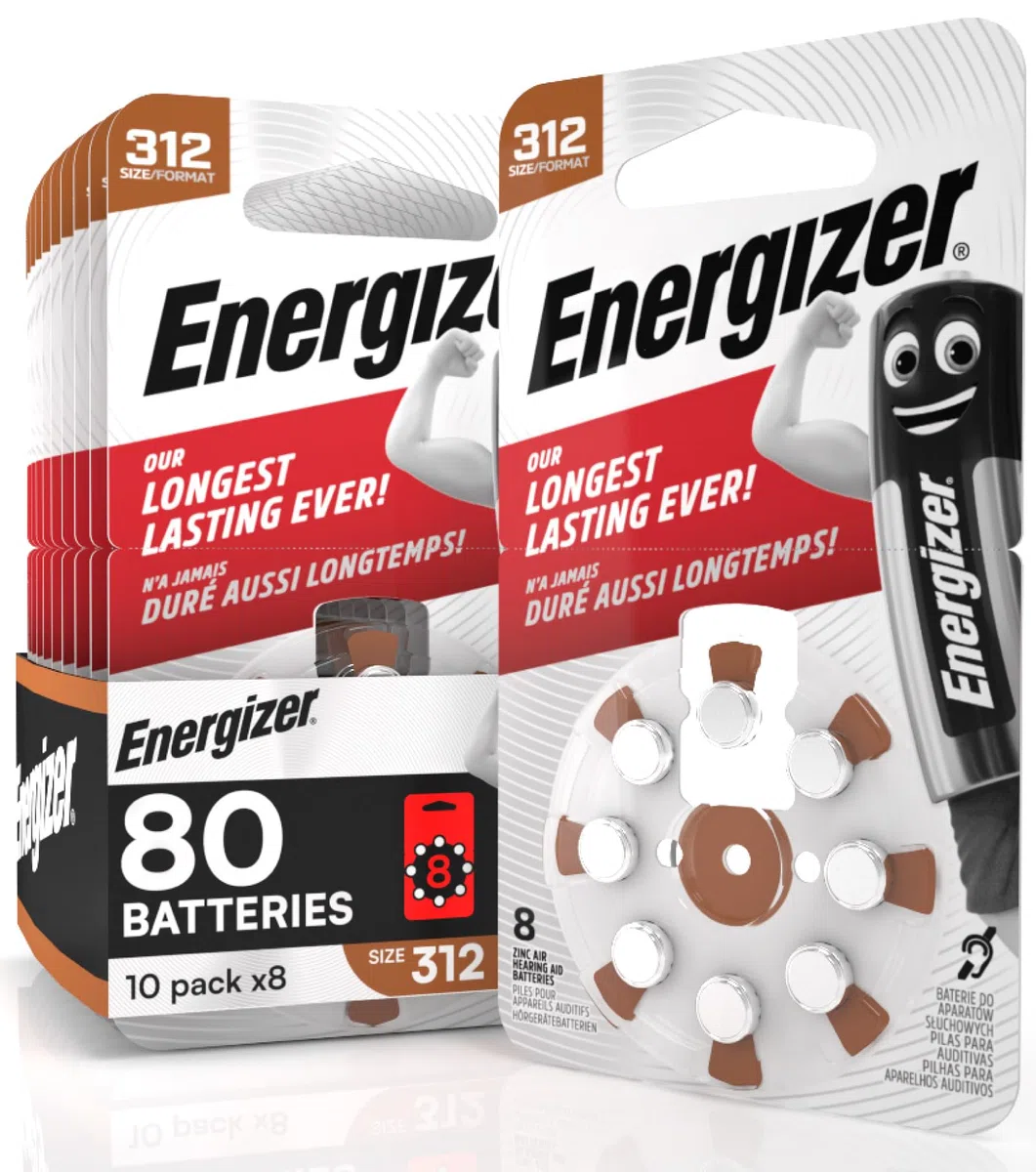 80 piles auditives Energizer pour appareils auditifs intra-auriculaires taille 312 marron sans mercure - 10 emballages de 8 piles