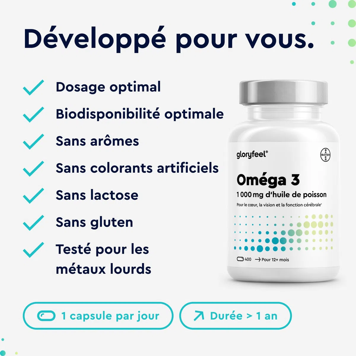 Oméga 3 1000mg Huile de Poissons Sauvages, 400 Gélules Biodisponibles, EPA 180mg DHA 120mg, Haute Concentration Acides Gras, Soutient le Cerveau, Cœur, Tension Artérielle, Sans Additifs