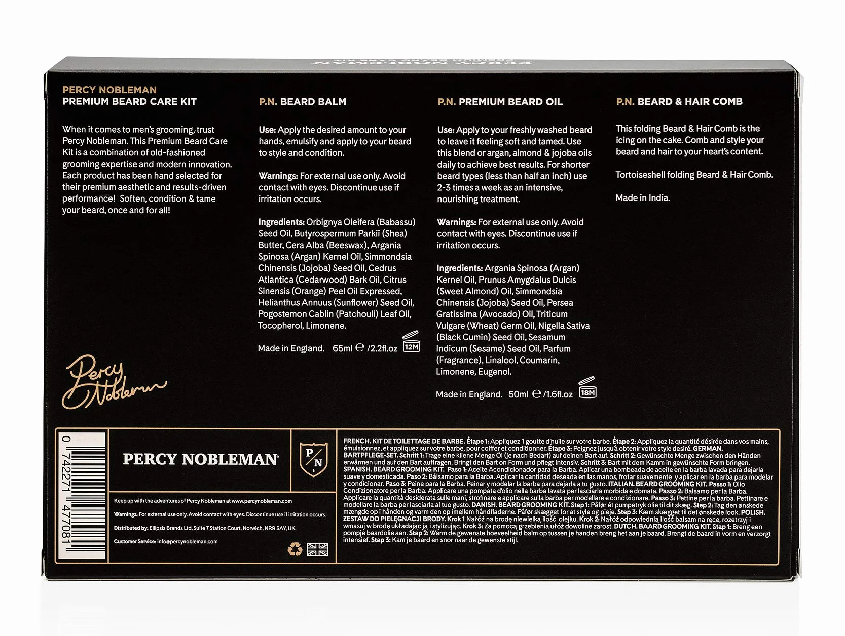 Kit de Soin de Barbe Premium Percy Nobleman, un Coffret de Soin de Barbe en Édition Limitée, Contenant une Huile de Barbe Premium, un Baume pour Barbe et un Peigne Pliable