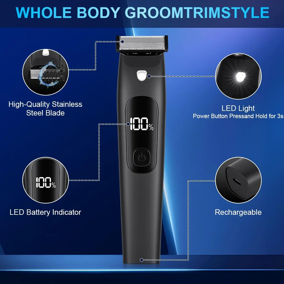 Tondeuse Corps Homme,Tondeuse Intime Homme avec écran LED,Rechargeable par USB-C,IPX7 Rasoir Intime Étanche Wet & Dry pour Aisselles,visage,maillot,poils