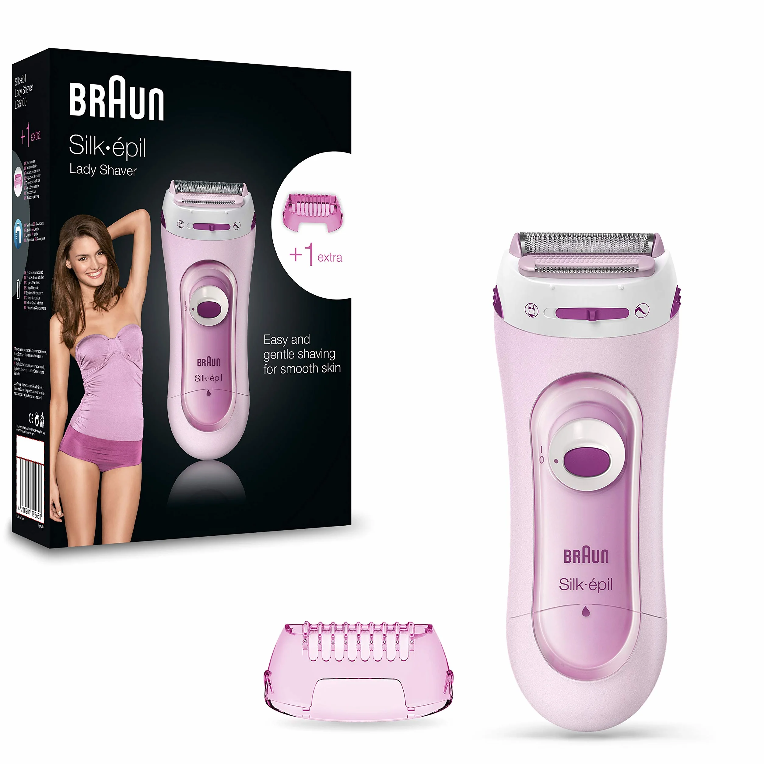Braun Silk-épil Lady Shaver Rasoir Électrique Et Tondeuse Femme Sans Fil Rose, Accessoire Tondeuse pour le Maillot et les Zones Sensibles, 5-100