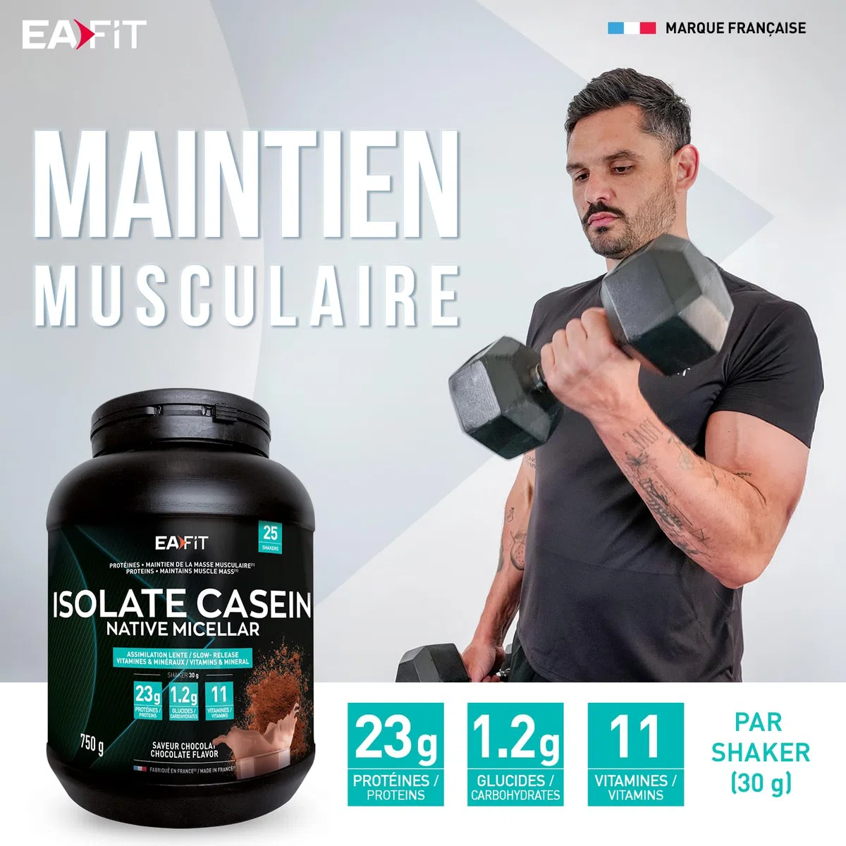 EAFIT | ISOLATE CASEIN NATIVE 750g | Assimilation lente caseine 100% micellaire + Vitamines et Minéraux (magnesium) | Riche en proteine | En poudre à mélanger dans un shaker pour le sport | Chocolat